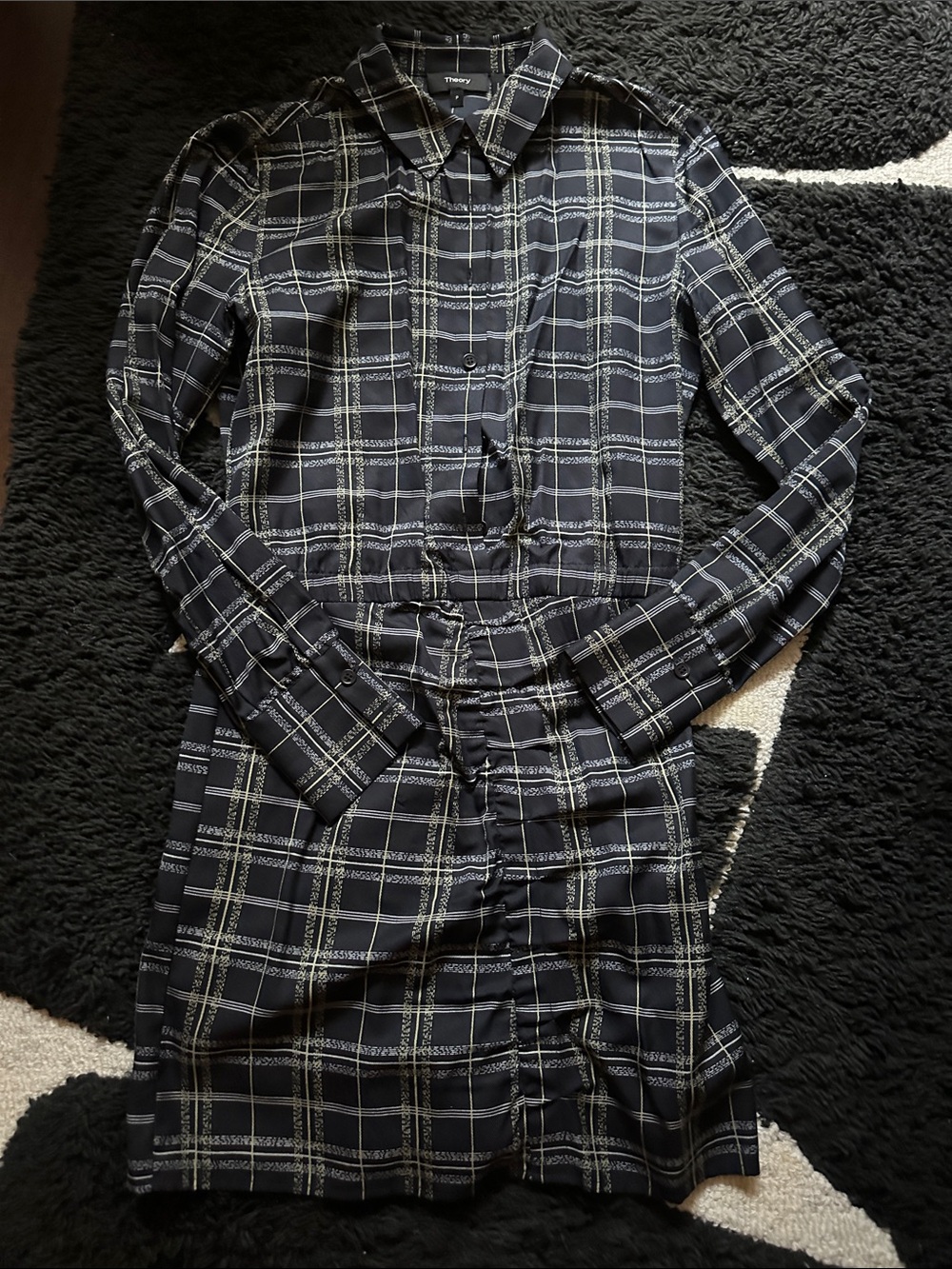Theory Black / Navy Plaid Long-Sleeve Shirt Dress